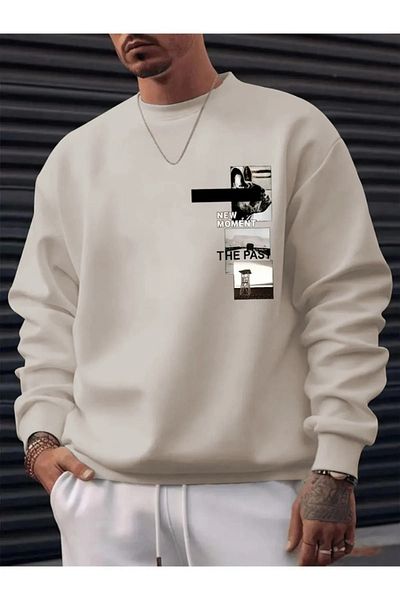 NO 601 Ανδρικό μπεζ New Moment Crew Neck Hoodless Winter Sweat