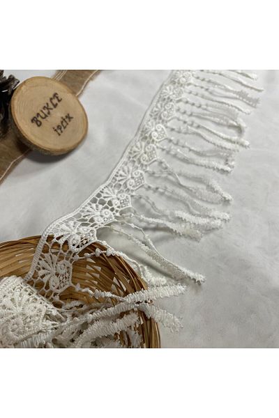 Bukle İplik Retro Patterned Feather Detail Fringed Guipure Decorative Strip (8 cm Width) - 1 Meter