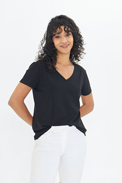 Moda Işık Kadın T-shirt Siyah Renk Kısa Kol