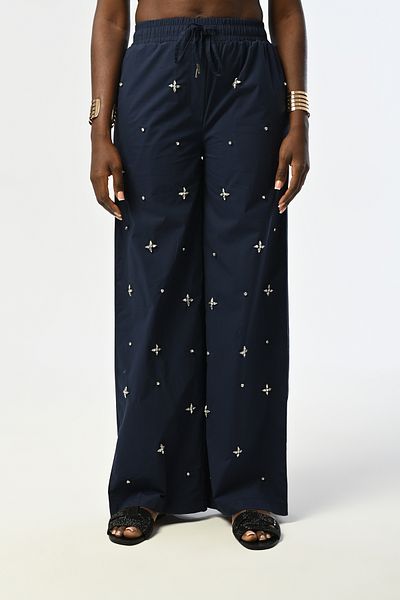 Orfeo Negro Women's with Elastic Waist Lace Front Stone Embroidered Lace Pant