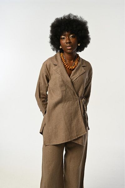 Orfeo Negro Women's Mink Color Single Pocket Side Tie V-Neck Shirt-Jacket