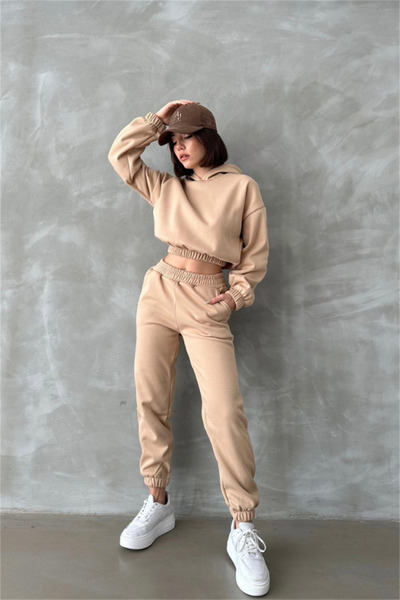 CC STORE Raised 3 Thread Crop Sweat Pants Tracksuit Set Beige