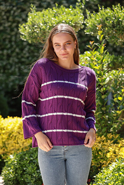 ALCHON Круглий велосипед, комір без коміра, плетені довгі рукави, смугастий в...