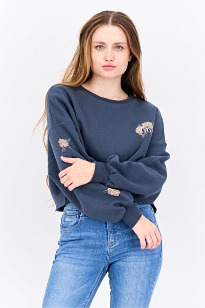 Hurley سويت شيرت نسائي من الصوف بأكمام طويلة وياقة دائرية، رمادي داكن