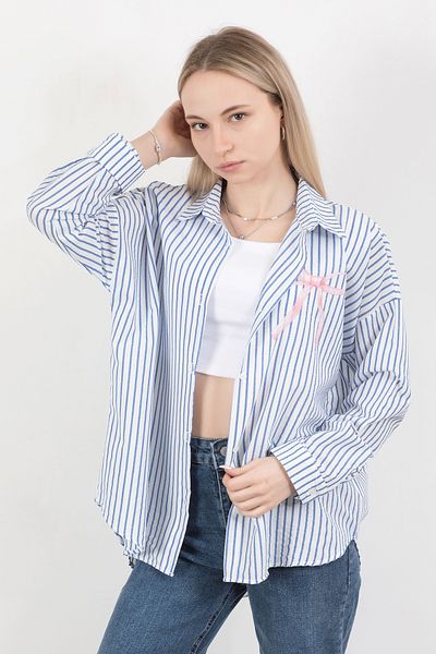 GİYSA Cămașă cu dungi oversize cu fundă pentru femei, albastru alb - 71567