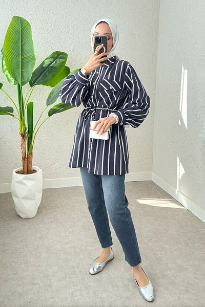 Salih Çelebi Waist Drawstring Hijab Tunic 2200 - Dark Blue