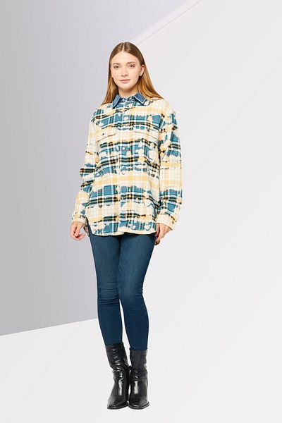Diesel Women Spread Collar Long Sleeves Plaid Casual Shirt, Blue