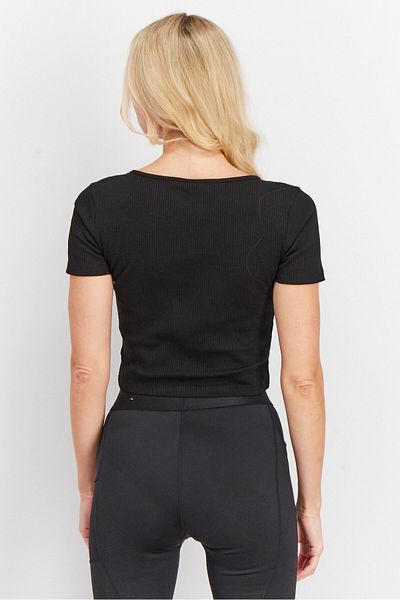 Puma Women Square Neckline Short Sleeve Textured Crop Top, Black