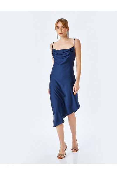 Koton Spaghetti strappy boat neck asymmetric midi slip satin dress.