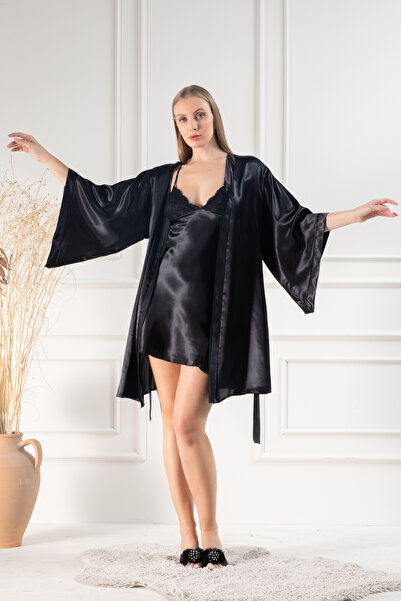 Lunoche Nightwear Satin Black Women's Guipure Lace and Back Detailed Satin Dowry Double Nightgown Dressing Gown Set