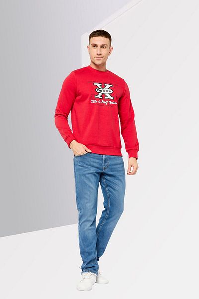 Diesel Men Crew Neck Graphic Print Long Sleeve Sweatshirts, Red Combo