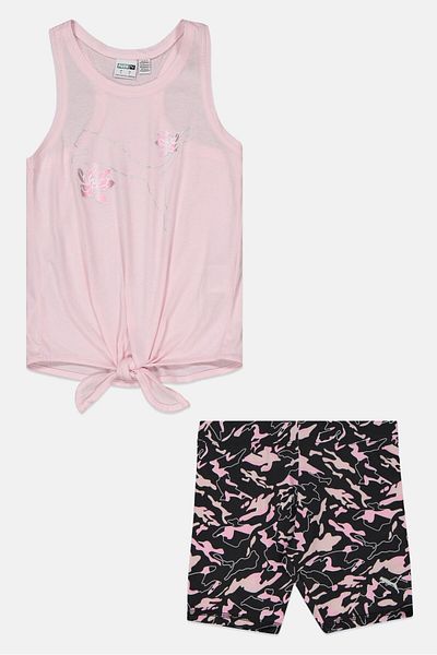 Puma Kids Girl 2 Piece Sleeveless Tank Top And Printed Short, Pink/Black Combo