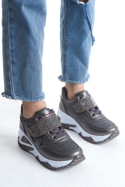 Moda Değirmeni Pantofi de damă cu sclipici platină cu șireturi BG1154-101-0007