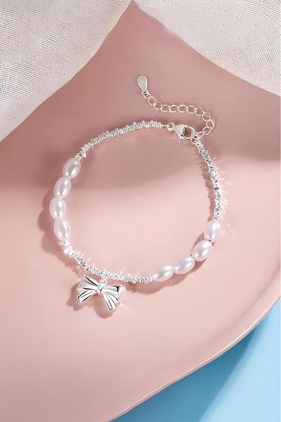 The Collection Princess Steel Bracelet with Bow Ribbon Pearl Stones