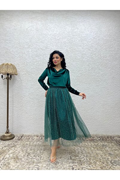 KÜÇÜĞÜM BUTİK Πράσινη τούλινη ασημένια φούστα