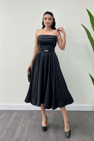giyimmasalı Satin Fabric Back Rope Detail Midi Dress - Black