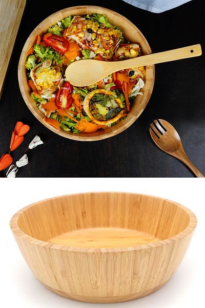 sweenhome 2 Sizes Natural Bamboo Salad Pasta Snack Bowl I Natural Wooden Salad Fruit Presentation Bowl 20 Vc 25cm