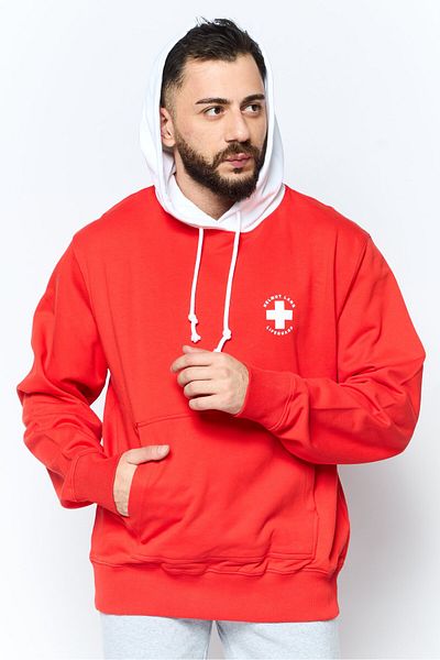 Helmut Lang سويت شيرت رجالي بأكمام طويلة وغطاء رأس ورباط وشعار العلامة التجارية، أحمر/أبيض