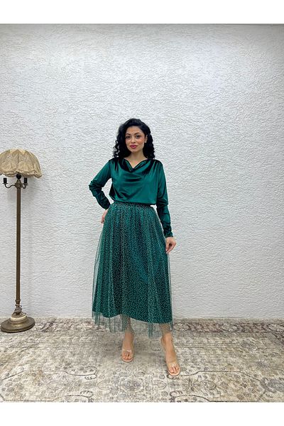 KÜÇÜĞÜM BUTİK Fusta cu sclipici din tul verde