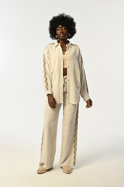 Orfeo Negro Women's Sleeves Brown Embroidered Natur Shirt