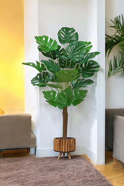 SY Vista Yapay Çiçek - Yapay Monstera (Deve Tabanı Ağacı) 1.3 Metre Ahşap Sak...
