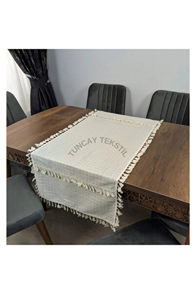 TUNCAY TEKSTİL Fringed Runner with Tassels and Pompoms - Ranir Cover Buldan Work Linen Monika Table Top Cover 50x100