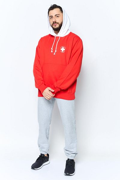 Helmut Lang سويت شيرت رجالي بأكمام طويلة وغطاء رأس ورباط وشعار العلامة التجارية، أحمر/أبيض