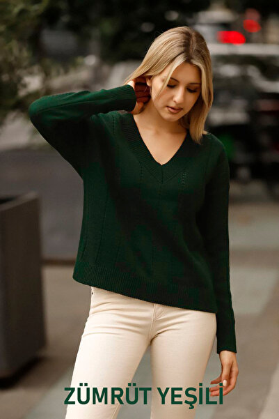 ALCHON سترة تريكو رفيعة مضلعة برقبة على شكل حرف V - قصة واسعة، أكمام طويلة، ف...