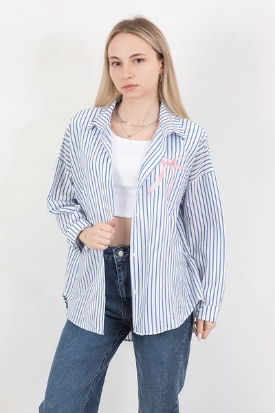 GİYSA Cămașă cu dungi oversize cu fundă pentru femei, albastru alb - 71567