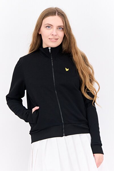 Lyle & Scott جاكيت نسائي بسحاب كامل وشعار مطرز، أسود
