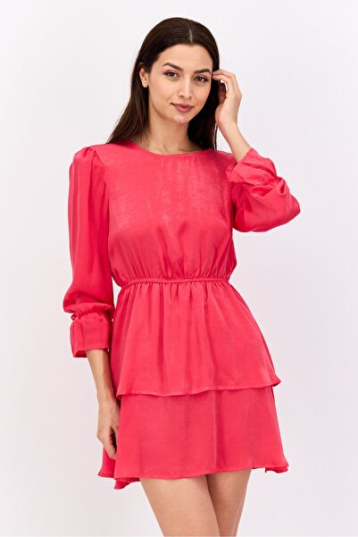 Flounce London فستان قصير متعدد الطبقات للنساء، وردي نيون