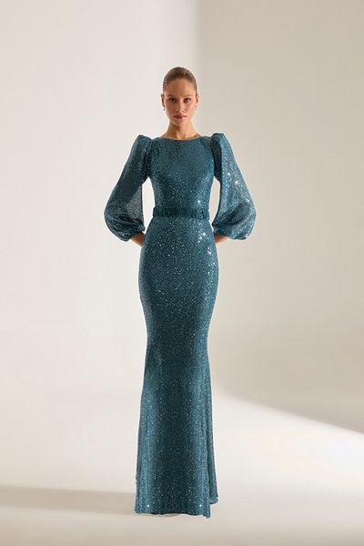 BETTY & SAM Grace Sparkly Sequined Petrol Blue Balloon Sleeve Maxi Length Evening Gown