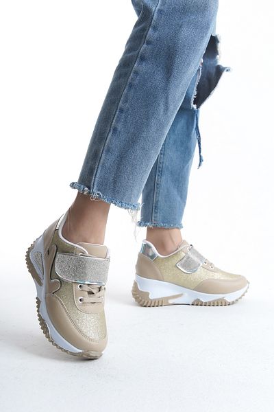 Moda Değirmeni Pantofi de damă cu sclipici auriu cu șireturi BG1154-101-0007