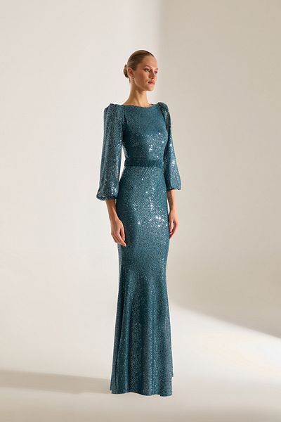 BETTY & SAM Grace Sparkly Sequined Petrol Blue Balloon Sleeve Maxi Length Evening Gown