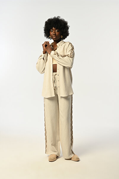 Orfeo Negro Women's Sleeves Brown Embroidered Natur Shirt