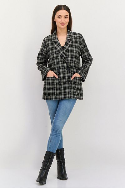 Monki Women Regular Fit Plaid Double Breasted Blazer, Black