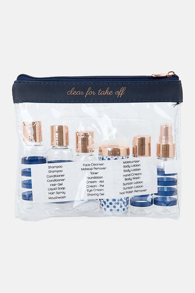 Miamica 12 Pieces Stripe Saffiano Travel Bottle Set, Blue