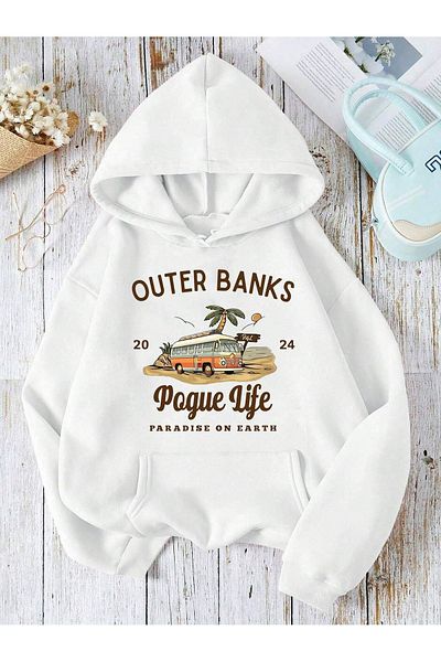 PALPİTO Φούτερ με κουκούλα Unisex White Outer Banks με στάμπα