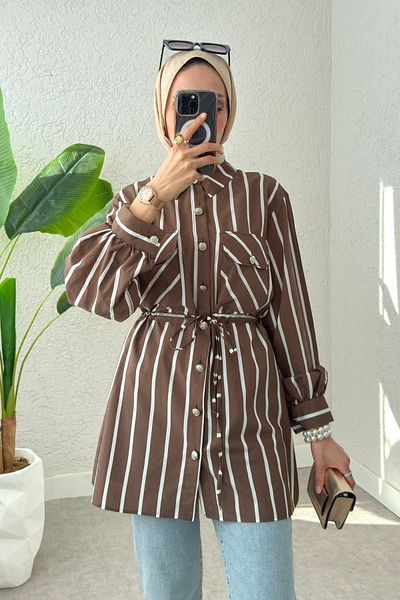 Salih Çelebi Waist Drawstring Hijab Tunic 2200 - Brown