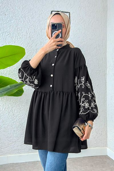 Salih Çelebi Balloon Sleeve Embroidered Tunic 2204 - Black