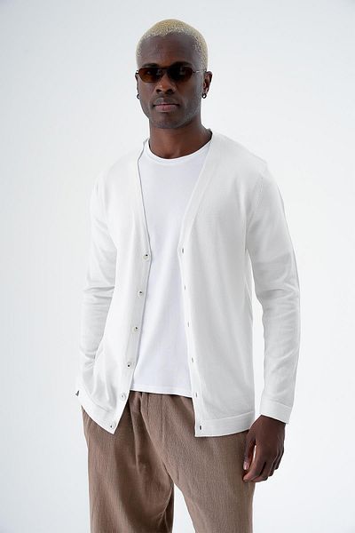 CHUBA Men's Cotton Buttoned Standard Fit Casual Knitwear Cardigan White 24S277