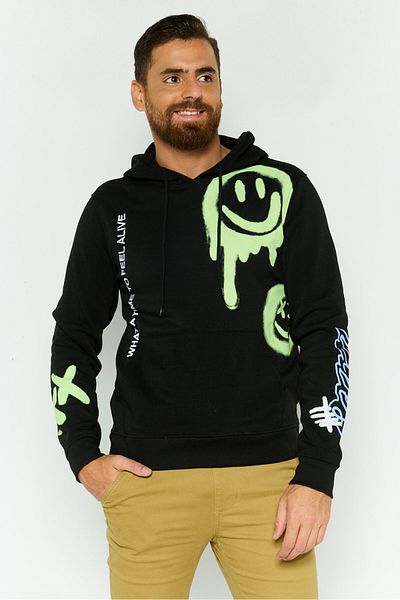 Rue 21 Men Hooded Graphic Print Long Sleeves Sweatshirt, Black Combo