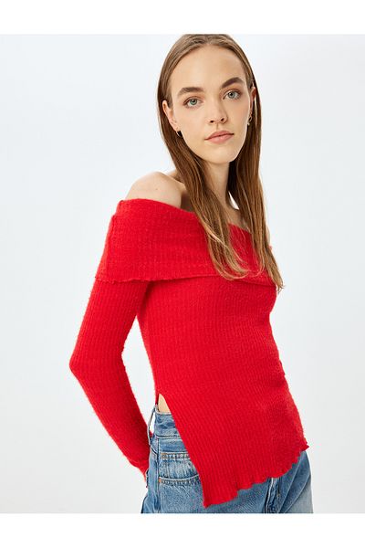 Koton New Season Madonna Collar Off Shoulder Long Sleeve T-Shirt with Slit Detail