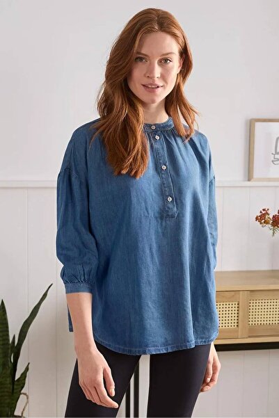 Tchibo Women Round Neck Elbow Sleeve Chambray Denim Top, Blue