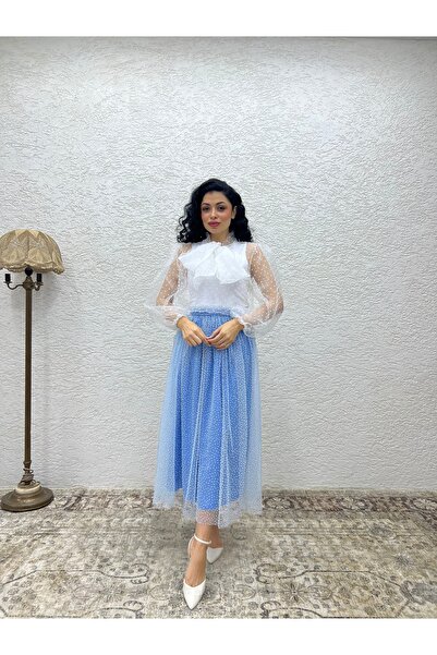 KÜÇÜĞÜM BUTİK Mavi Tüllü Simli Etek