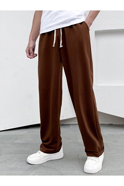 THE WHITE Ανδρικό παντελόνι επένδυση fleece σε καφέ ίσιο κομμένο στυλ με φαρδύ κόψιμο