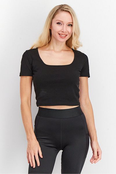 Puma Women Square Neckline Short Sleeve Textured Crop Top, Black