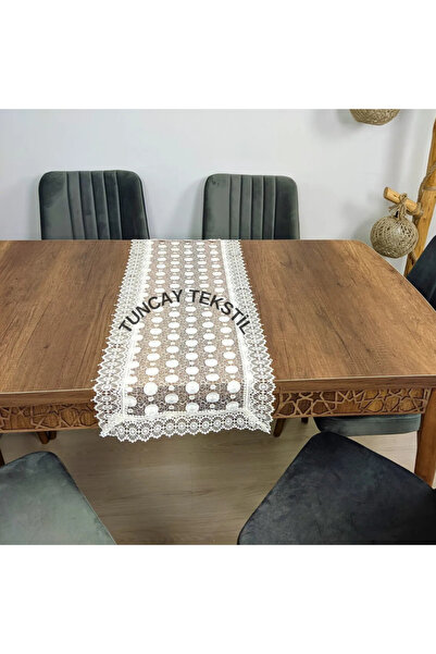 TUNCAY TEKSTİL Papatya Desen Güpürlü Polyester Runner Ranır Sehpa Masa Örtüsü Fransız Güpür Örtü Beyaz