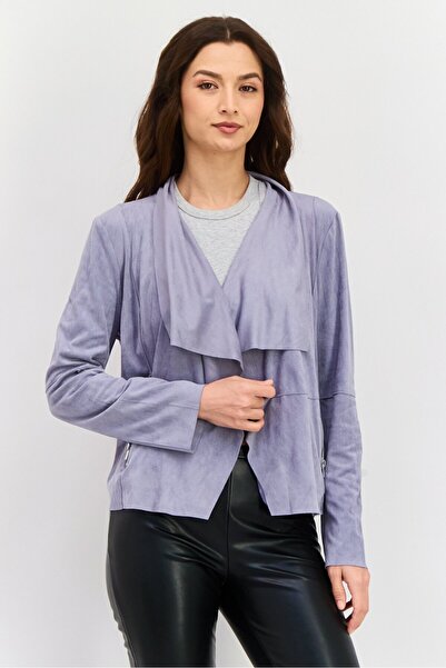 Bagatelle جاكيت نسائي من الجلد السويدي مع ياقة مطوية وأكمام طويلة، رمادي