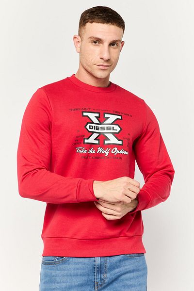 Diesel Men Crew Neck Graphic Print Long Sleeve Sweatshirts, Red Combo